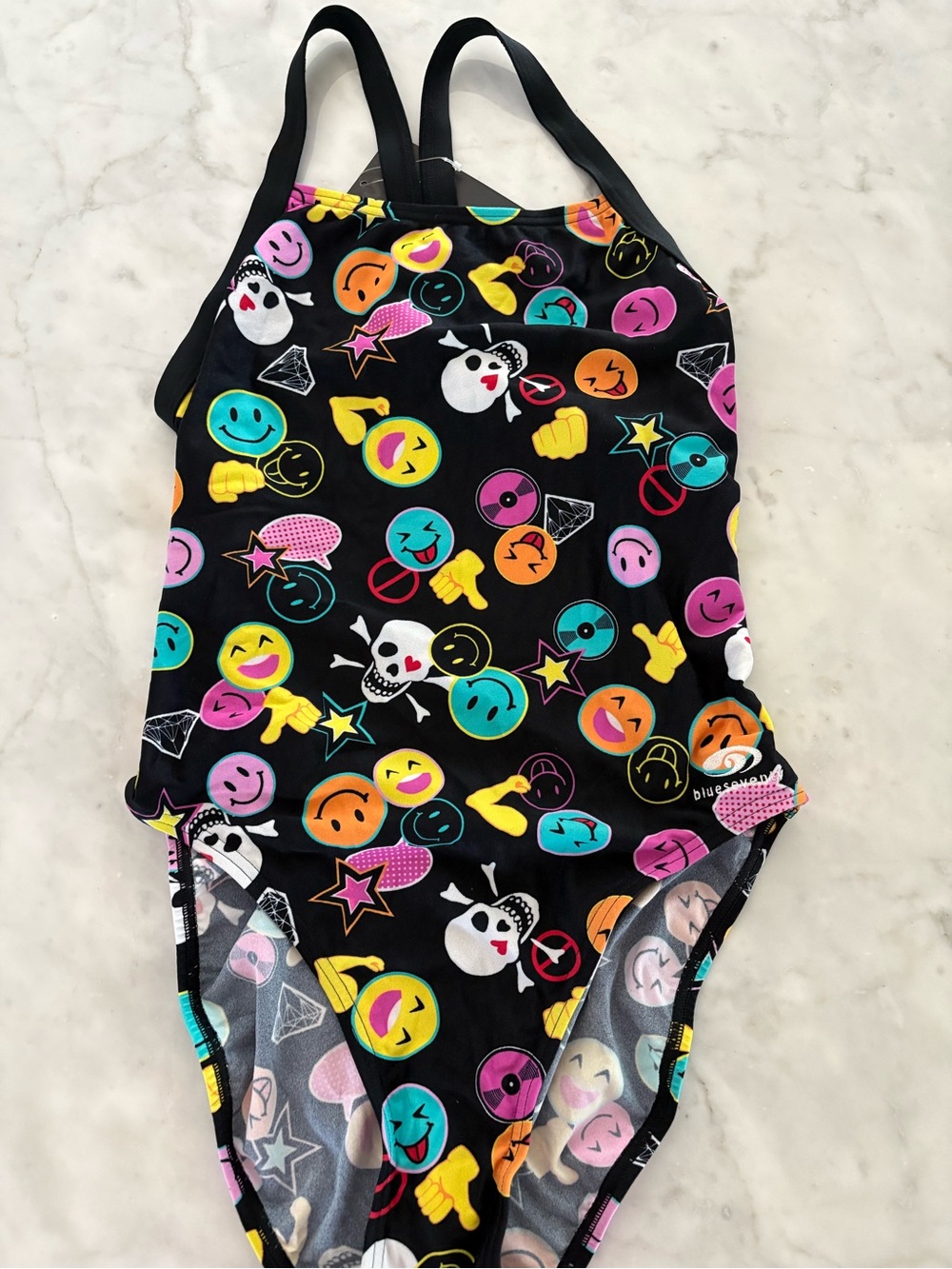 NWT BlueSeventy Black Women’s One-Piece Swimsuit with Neon Emoji Print